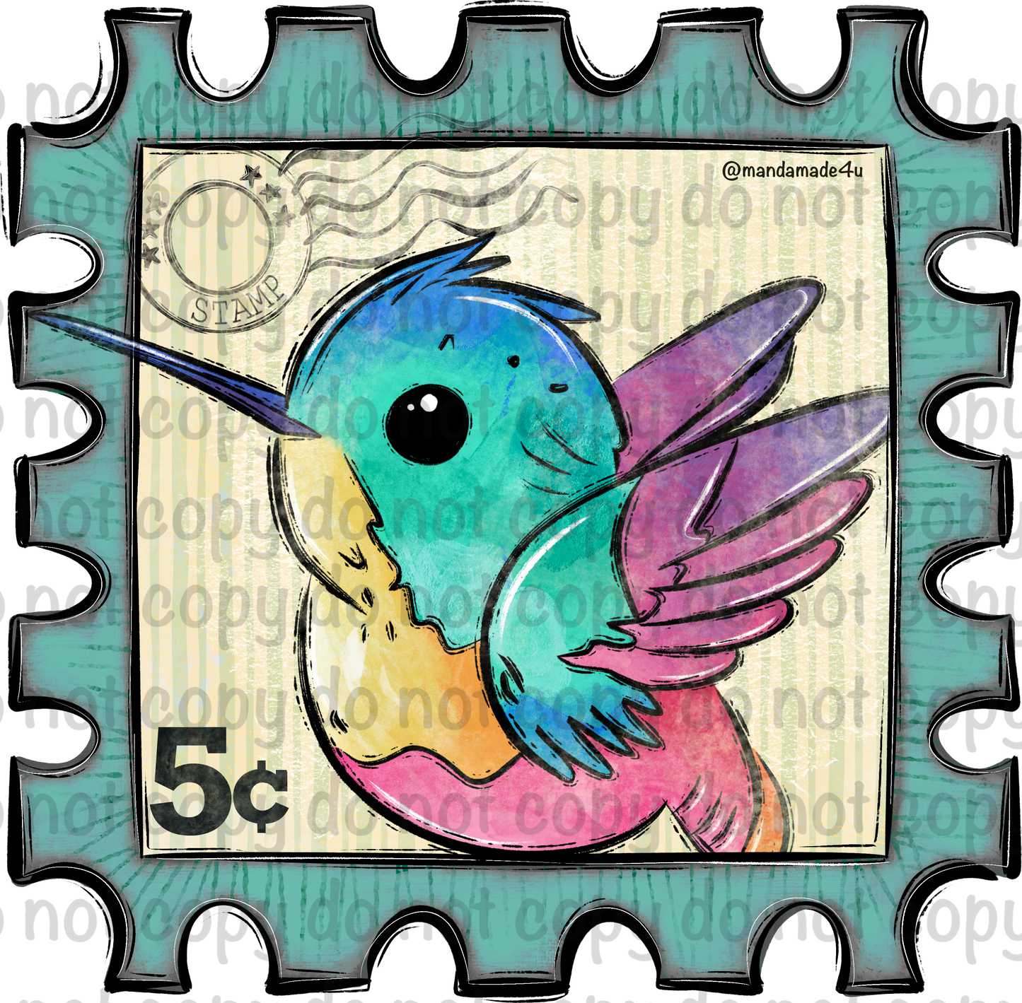 Hummingbird Postage Stamp PNG – Hand-Drawn Digital Download