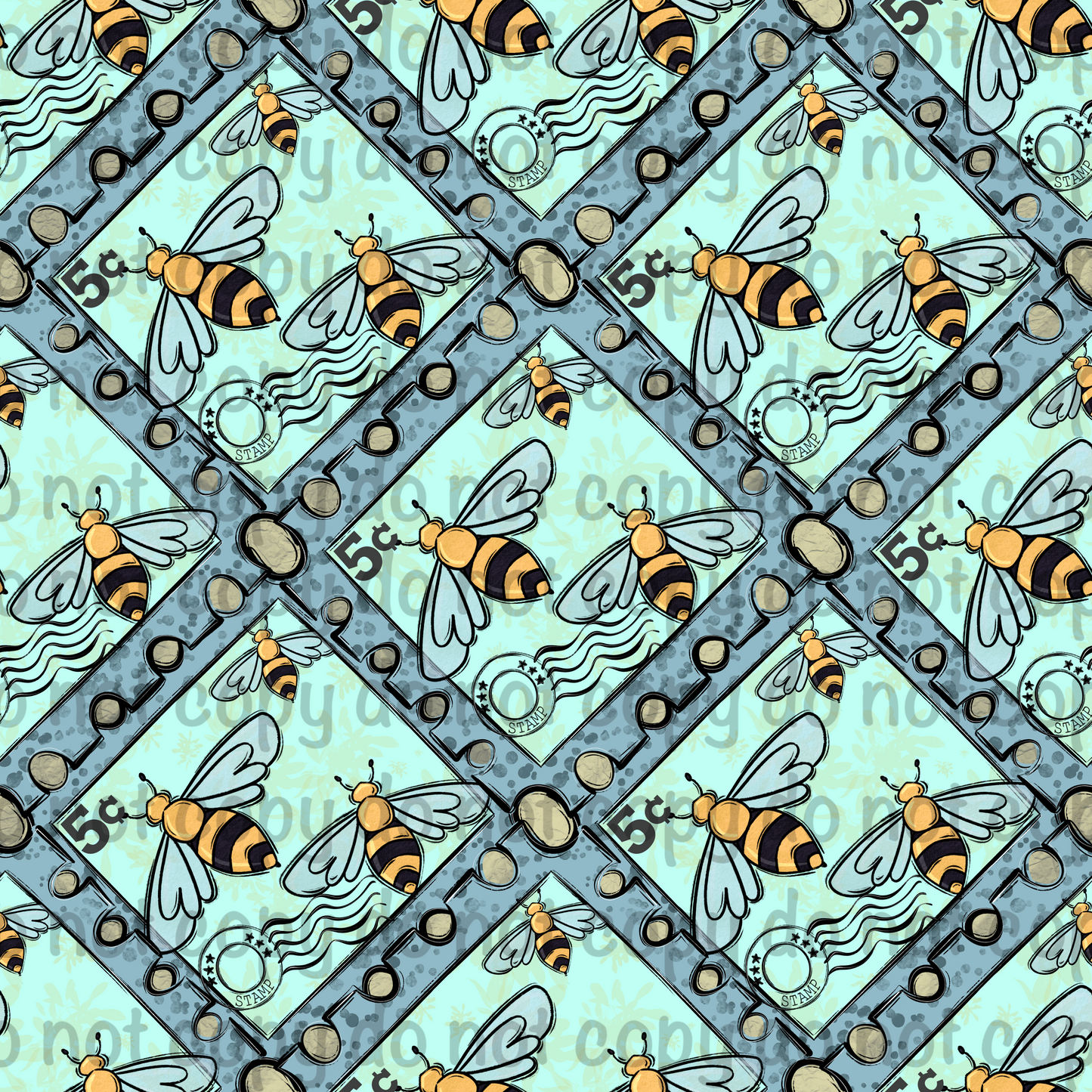 Vintage Bee Postage Seamless Pattern | Textured Bee Stamp | 12x12 Digital Paper
